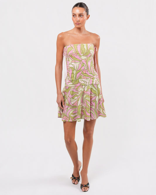 2000s Side-Corseted Pink and Green Dress