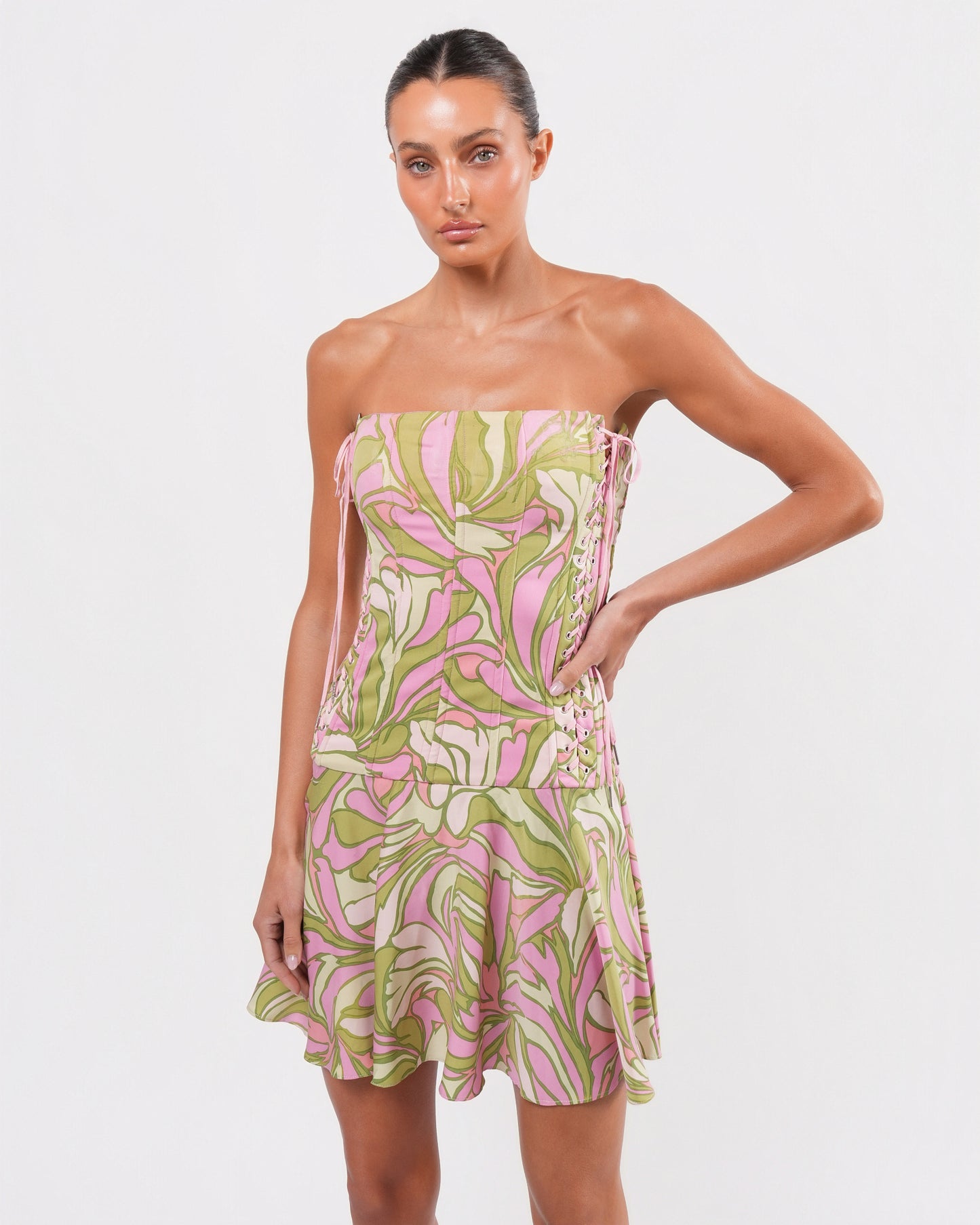 2000s Side-Corseted Pink and Green Dress