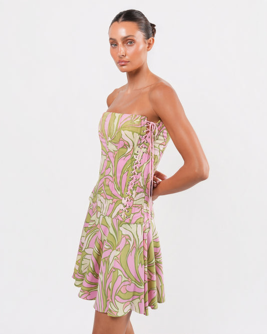 2000s Side-Corseted Pink and Green Dress