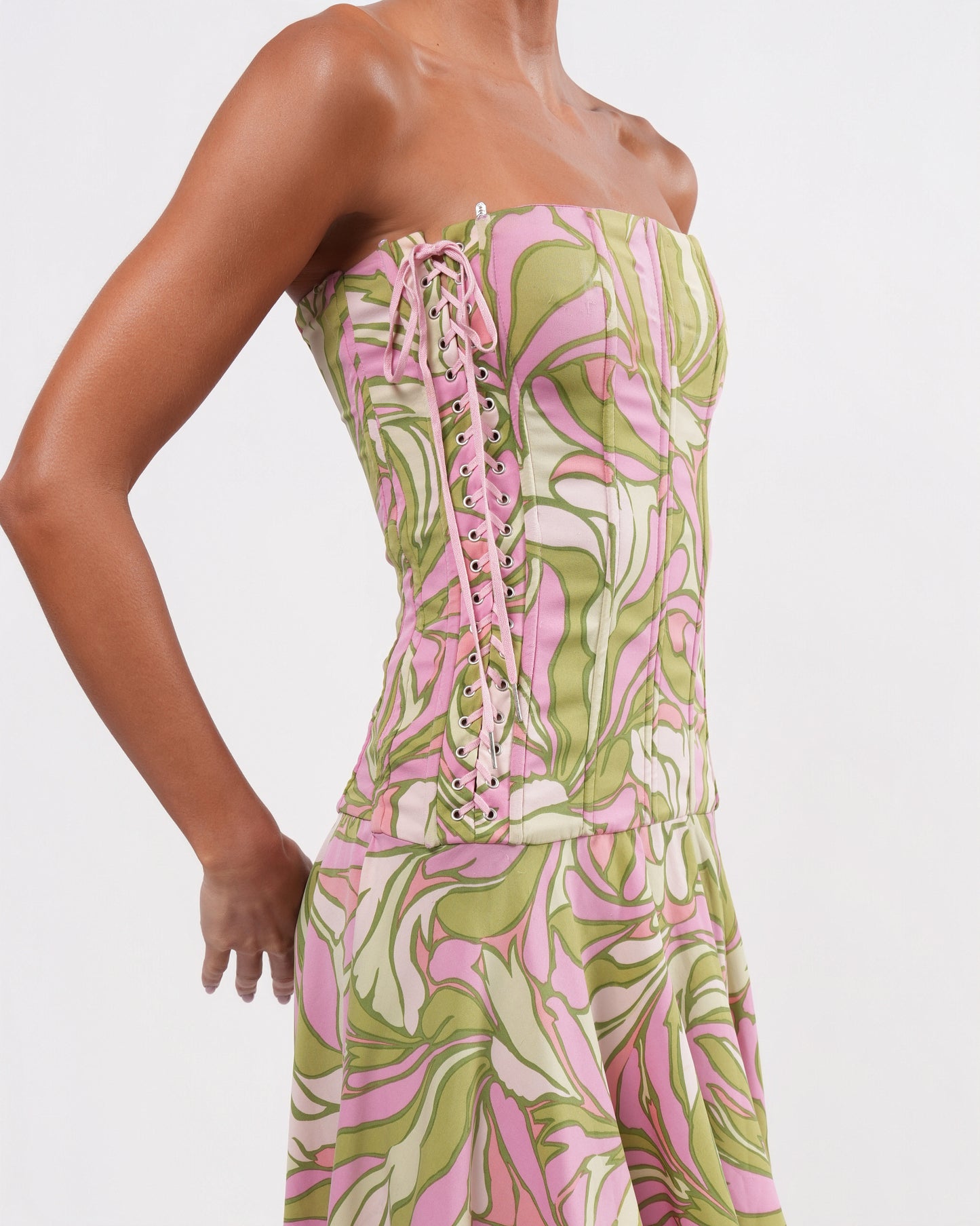 2000s Side-Corseted Pink and Green Dress