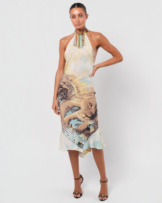 SS 2002 Silk Lion Dress with Beaded Choker Neck