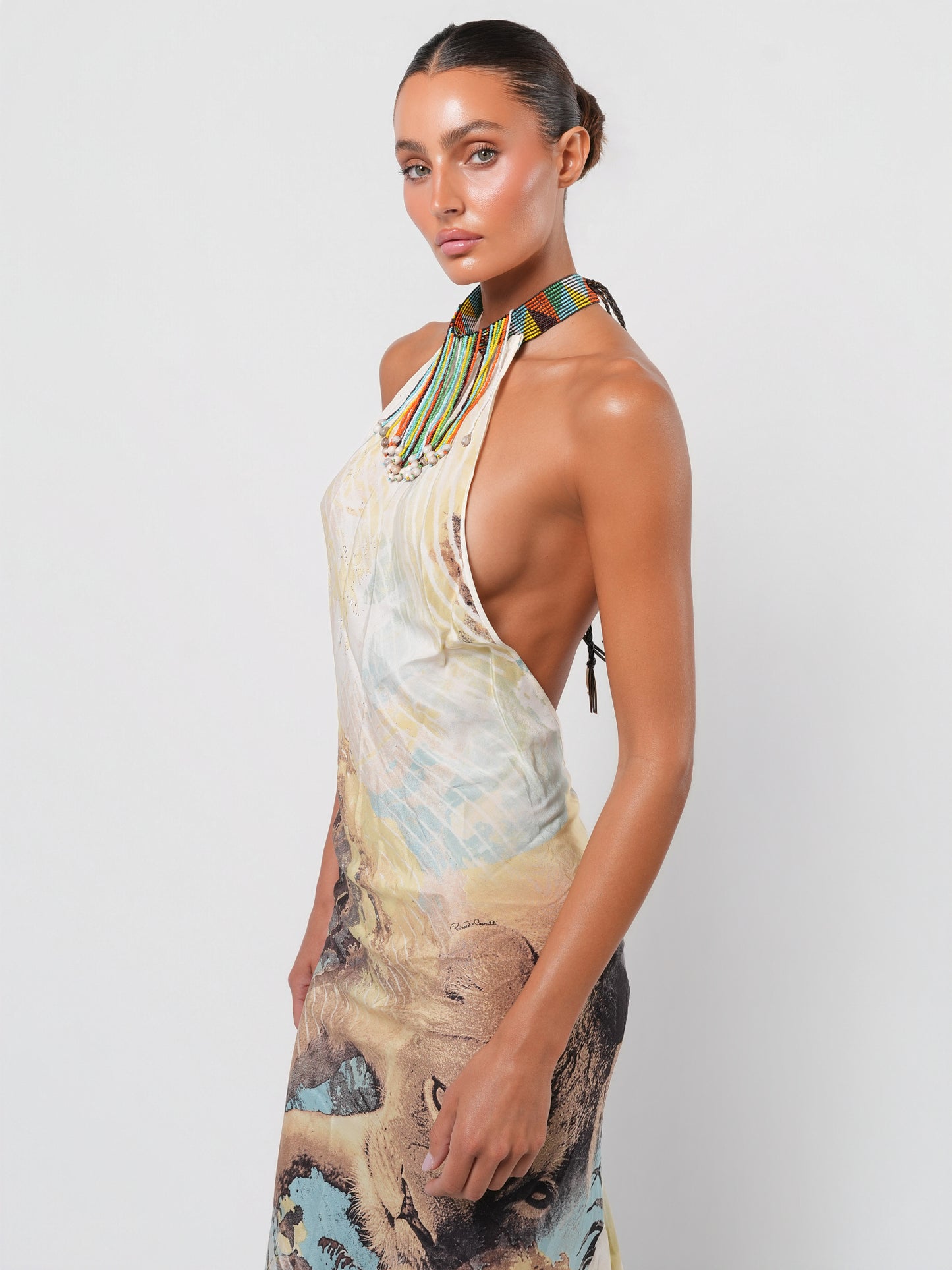 SS 2002 Silk Lion Dress with Beaded Choker Neck