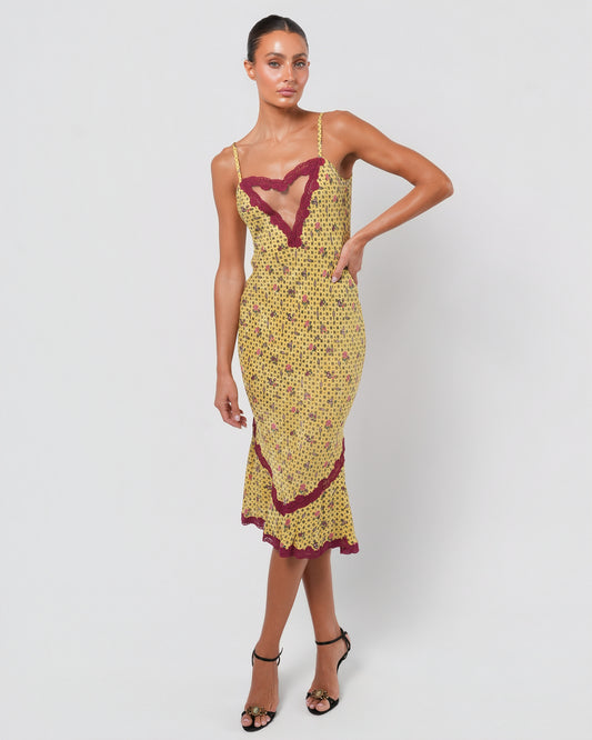 SS 1998 Silk Floral Runway Dress With Lace Detail