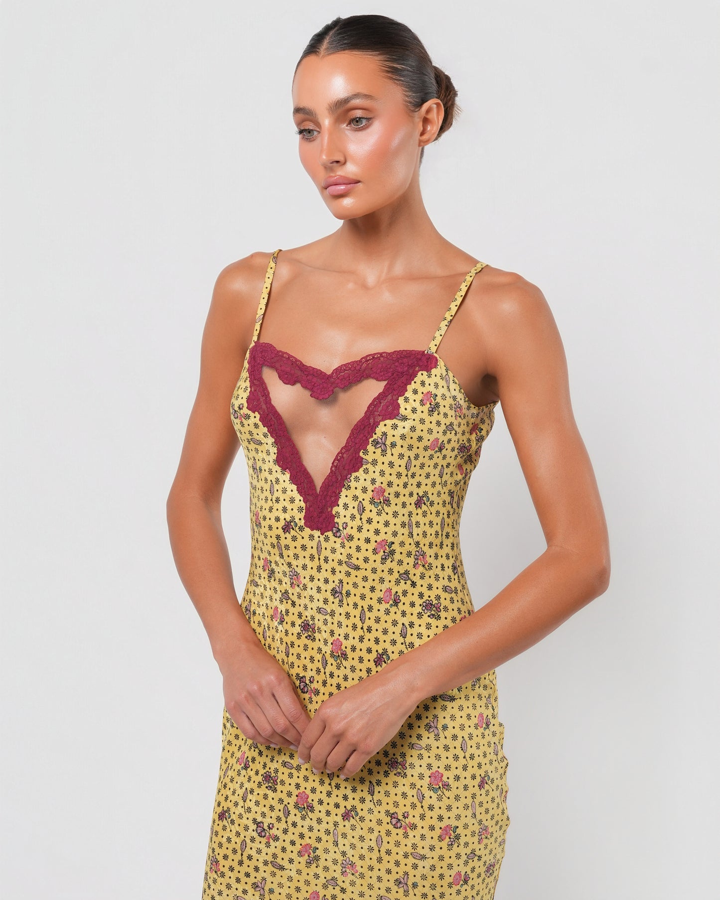 SS 1998 Silk Floral Runway Dress With Lace Detail