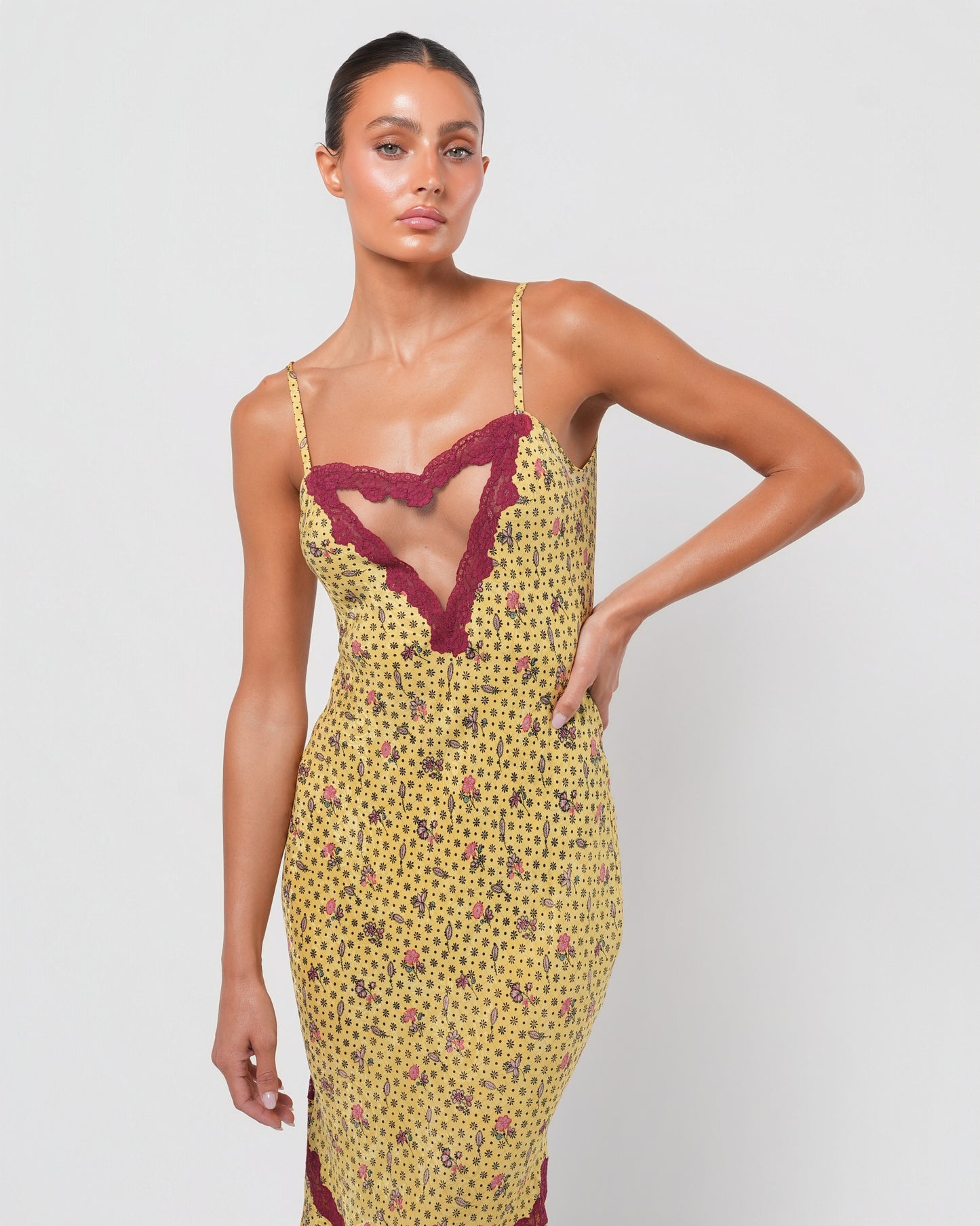 SS 1998 Silk Floral Runway Dress With Lace Detail
