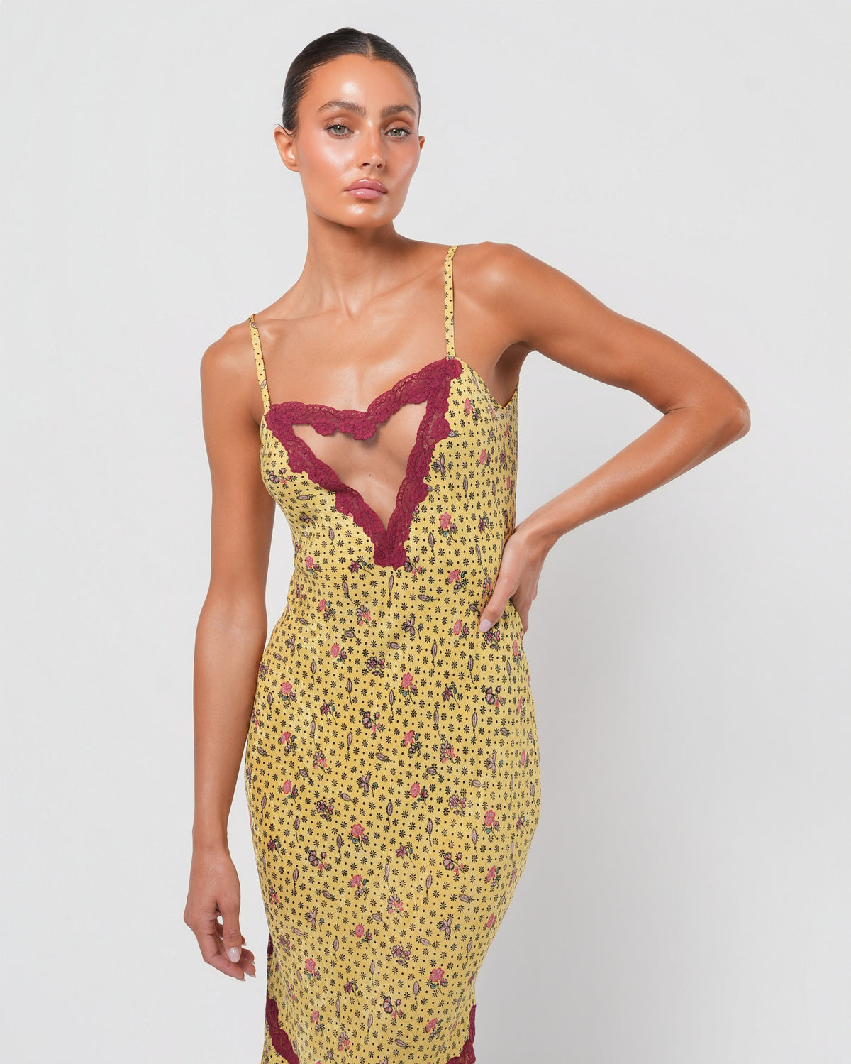 SS 1998 Silk Floral Runway Dress With Lace Detail