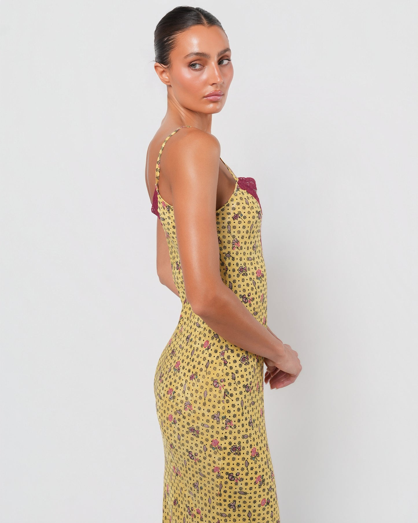 SS 1998 Silk Floral Runway Dress With Lace Detail