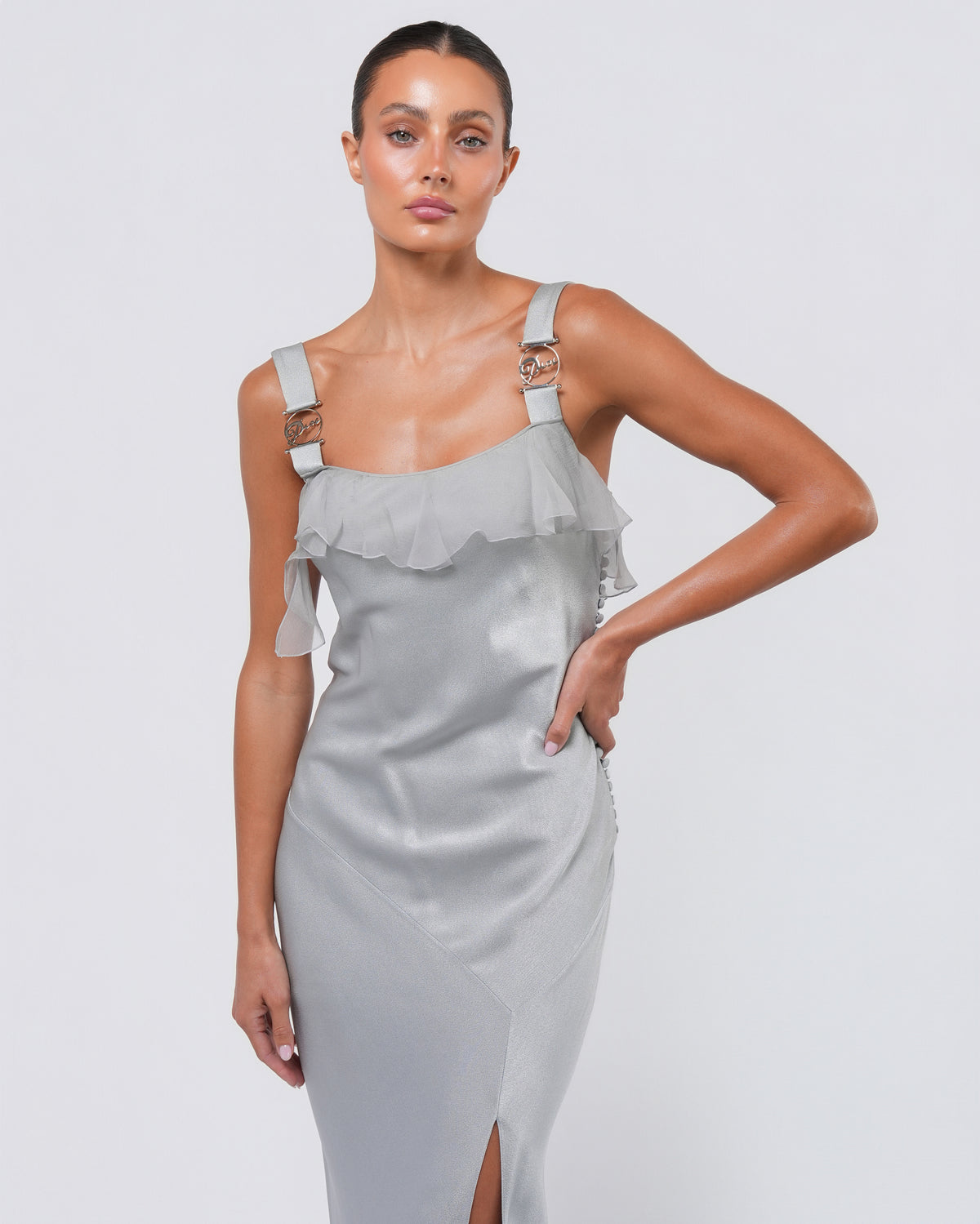 SS 2004 Pale Blue Gown With "Dior" Metal Detail