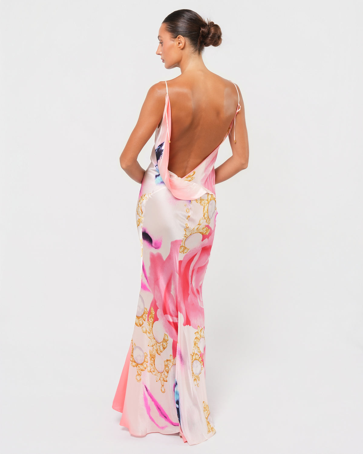 SS 2001 Runway Elizabeth Taylor Print Backless Gown