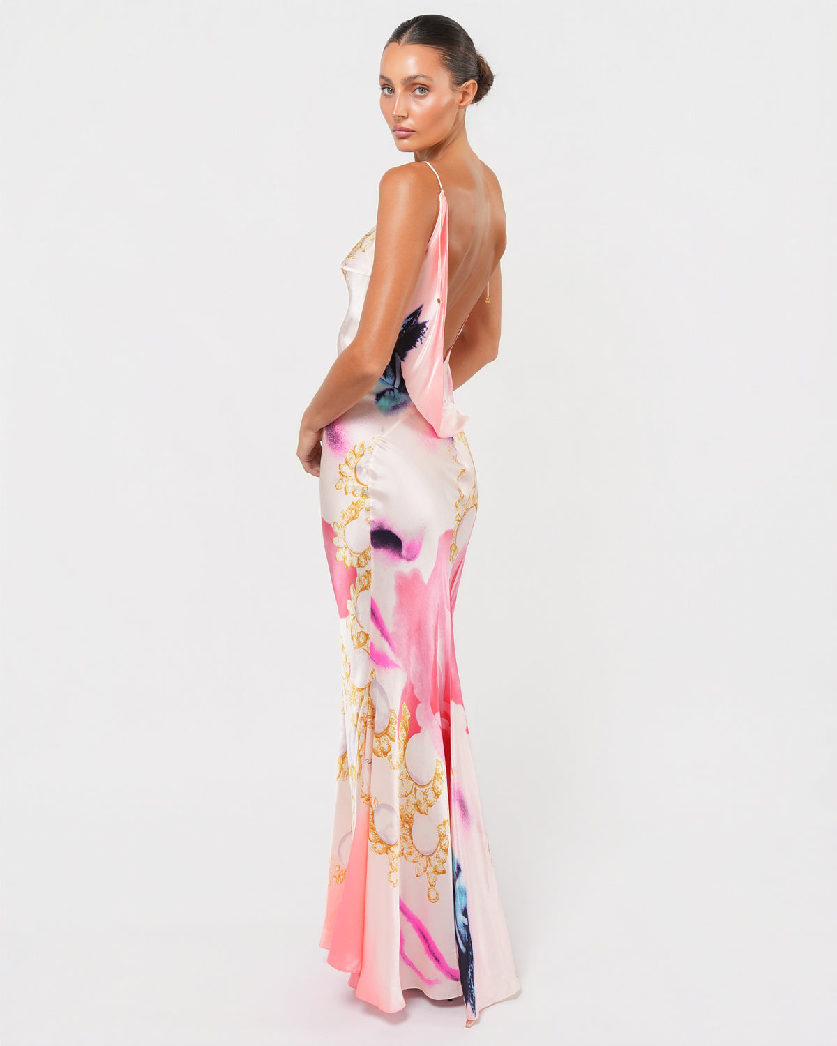SS 2001 Runway Elizabeth Taylor Print Backless Gown