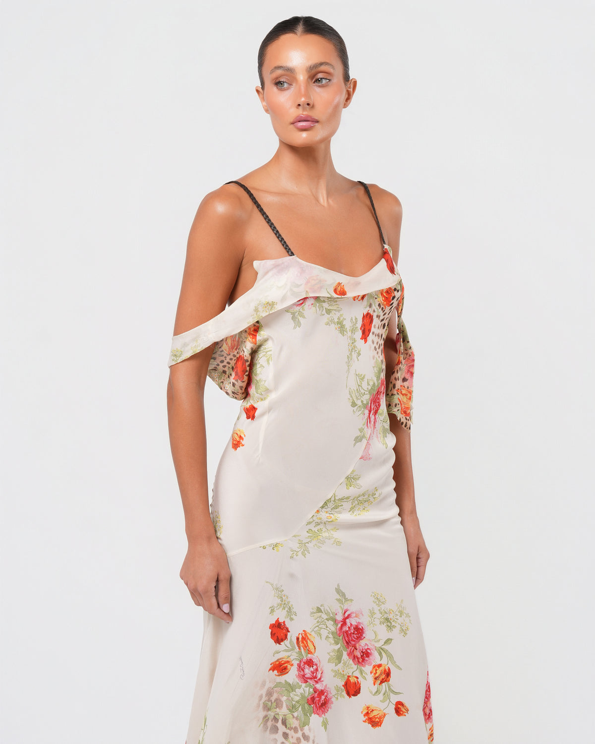 SS 2002 Multicolor Floral And Cheetah Print Dress