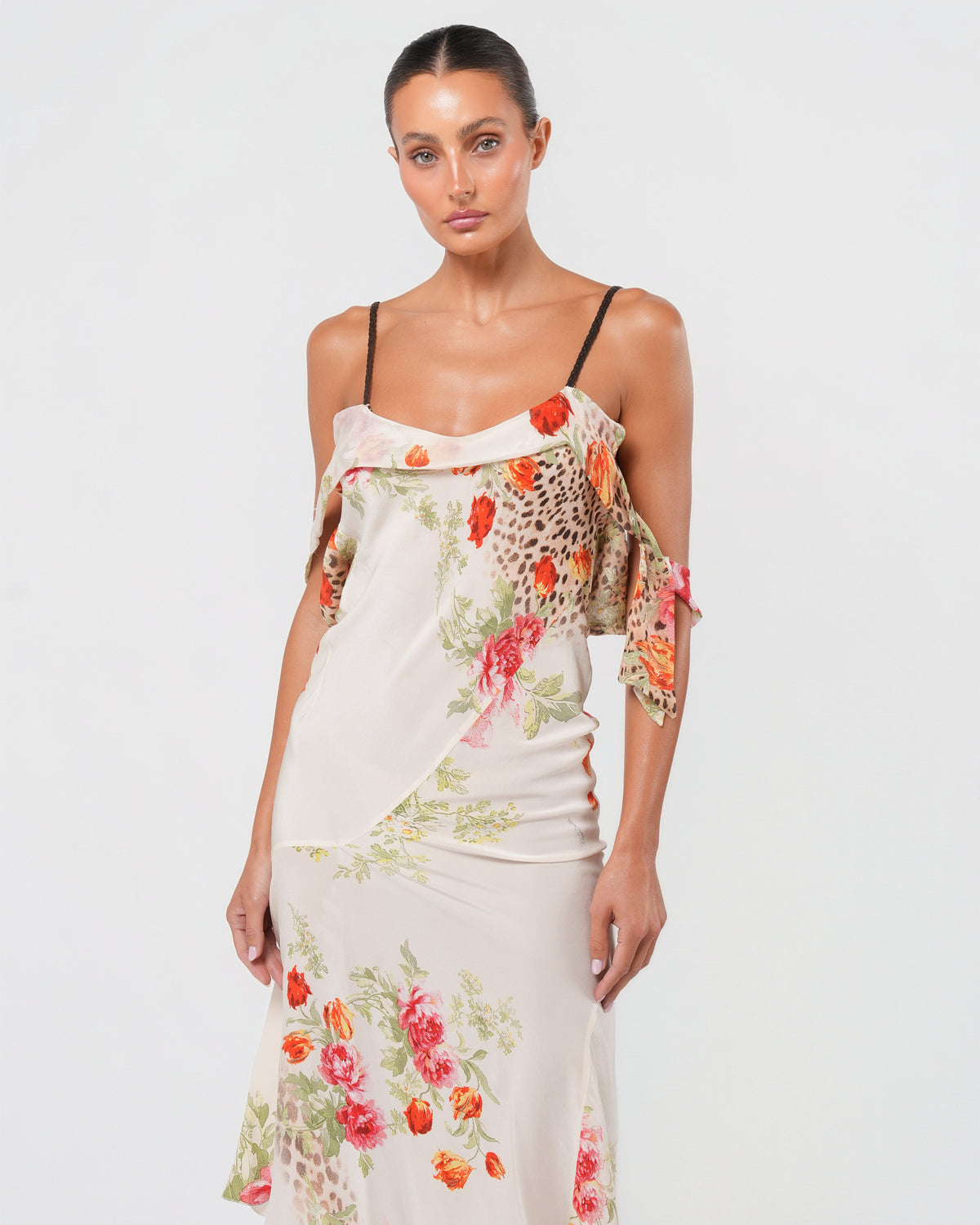 SS 2002 Multicolor Floral And Cheetah Print Dress