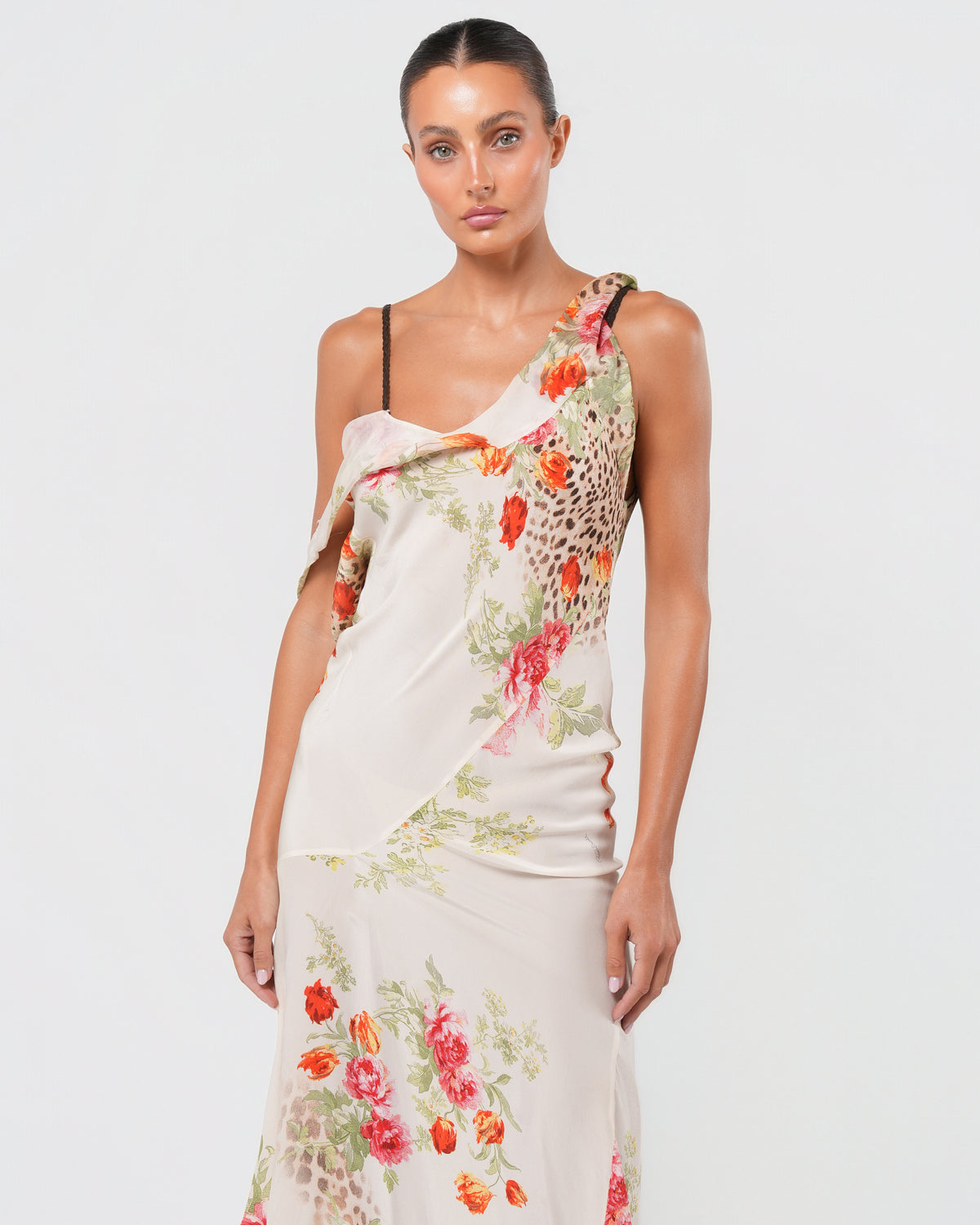 SS 2002 Multicolor Floral And Cheetah Print Dress