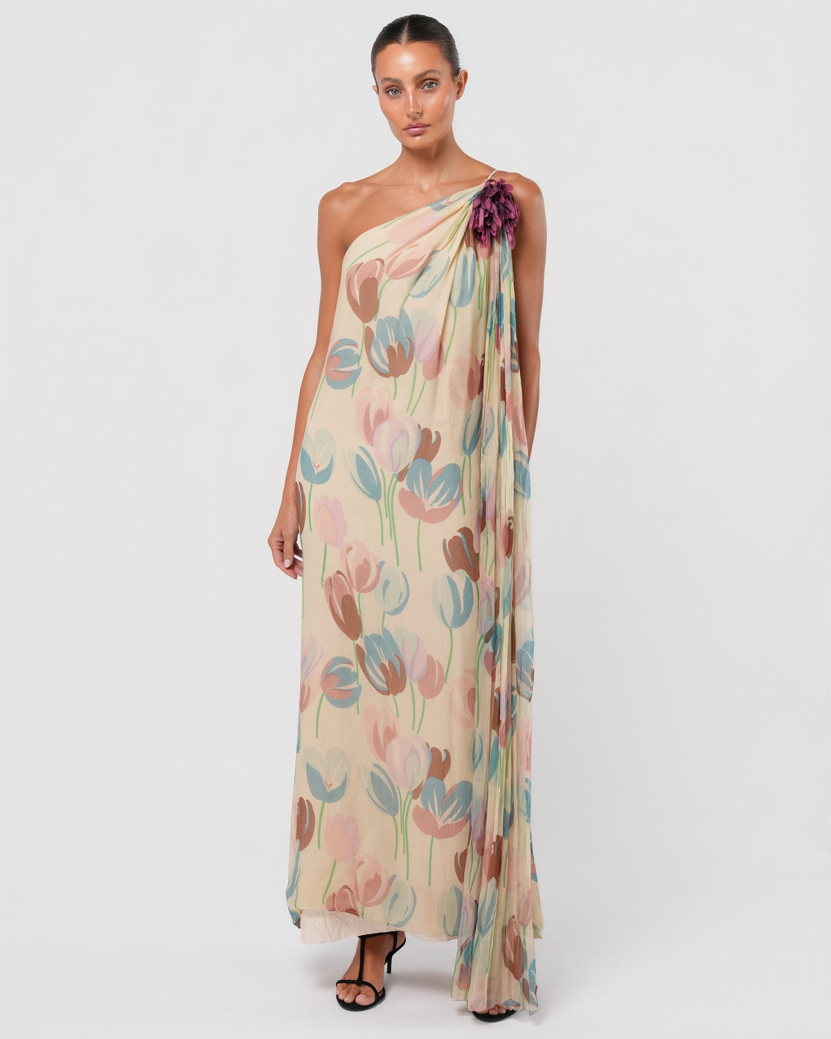 1970s Silk Chiffon Dress With Flower Detail