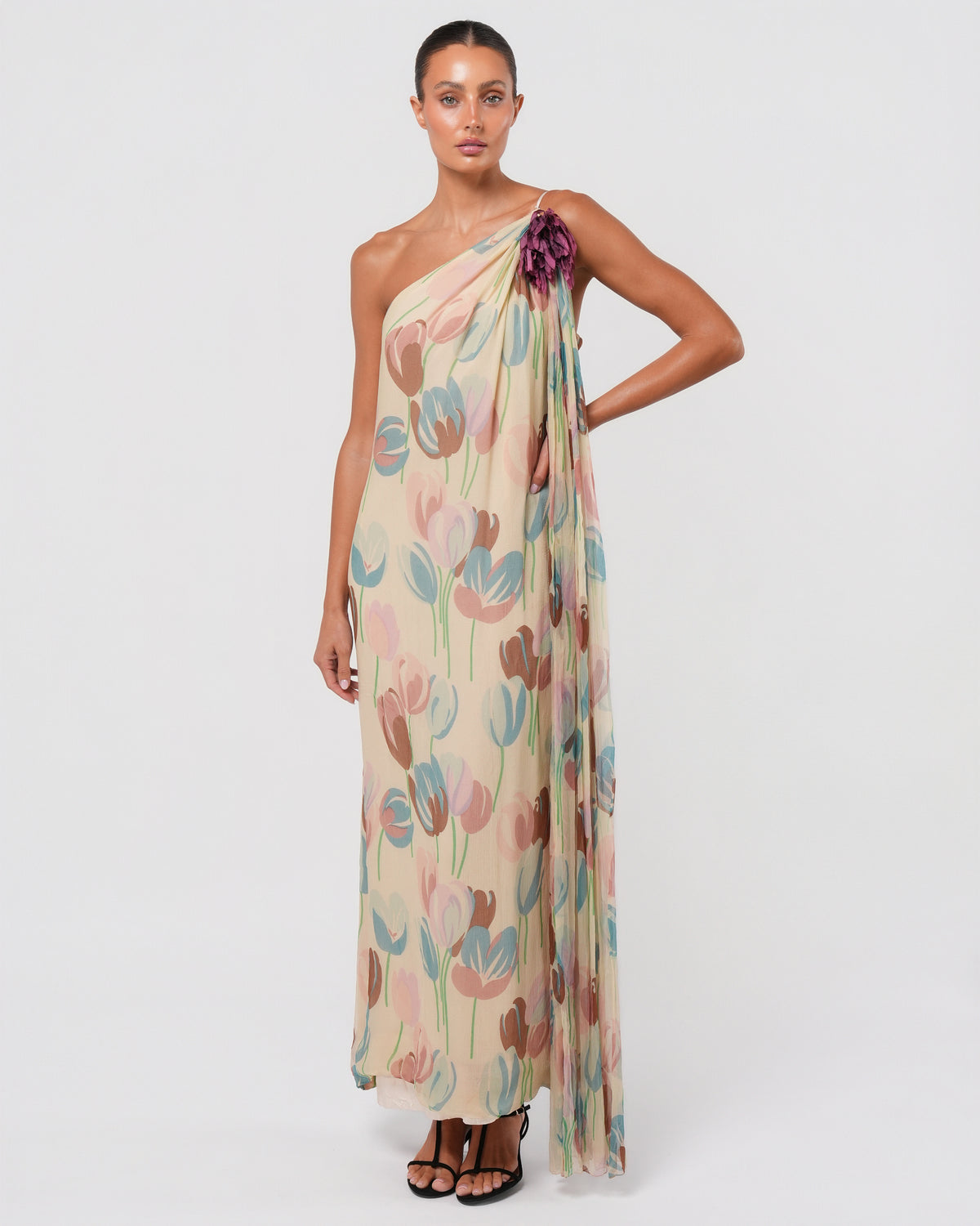 1970s Silk Chiffon Dress With Flower Detail