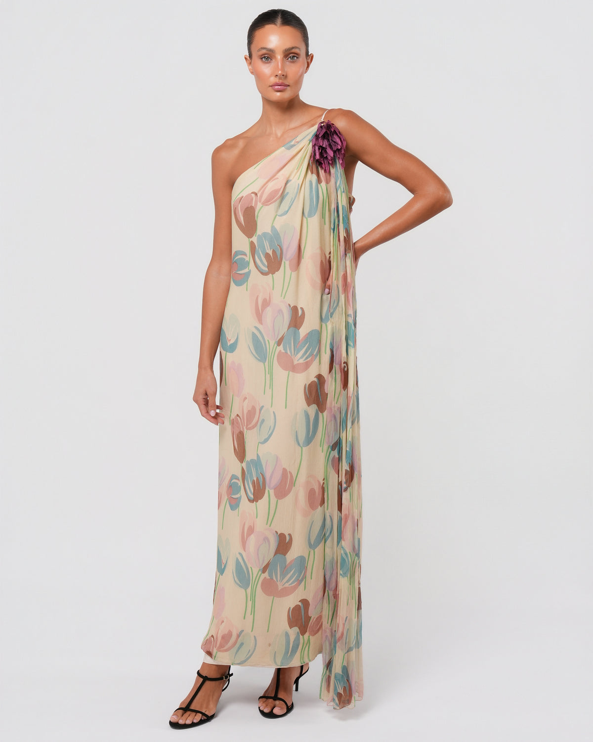 1970s Silk Chiffon Dress With Flower Detail