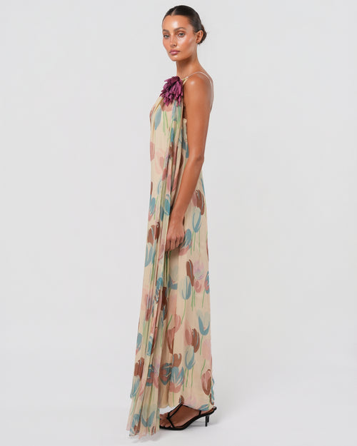1970s Silk Chiffon Dress With Flower Detail
