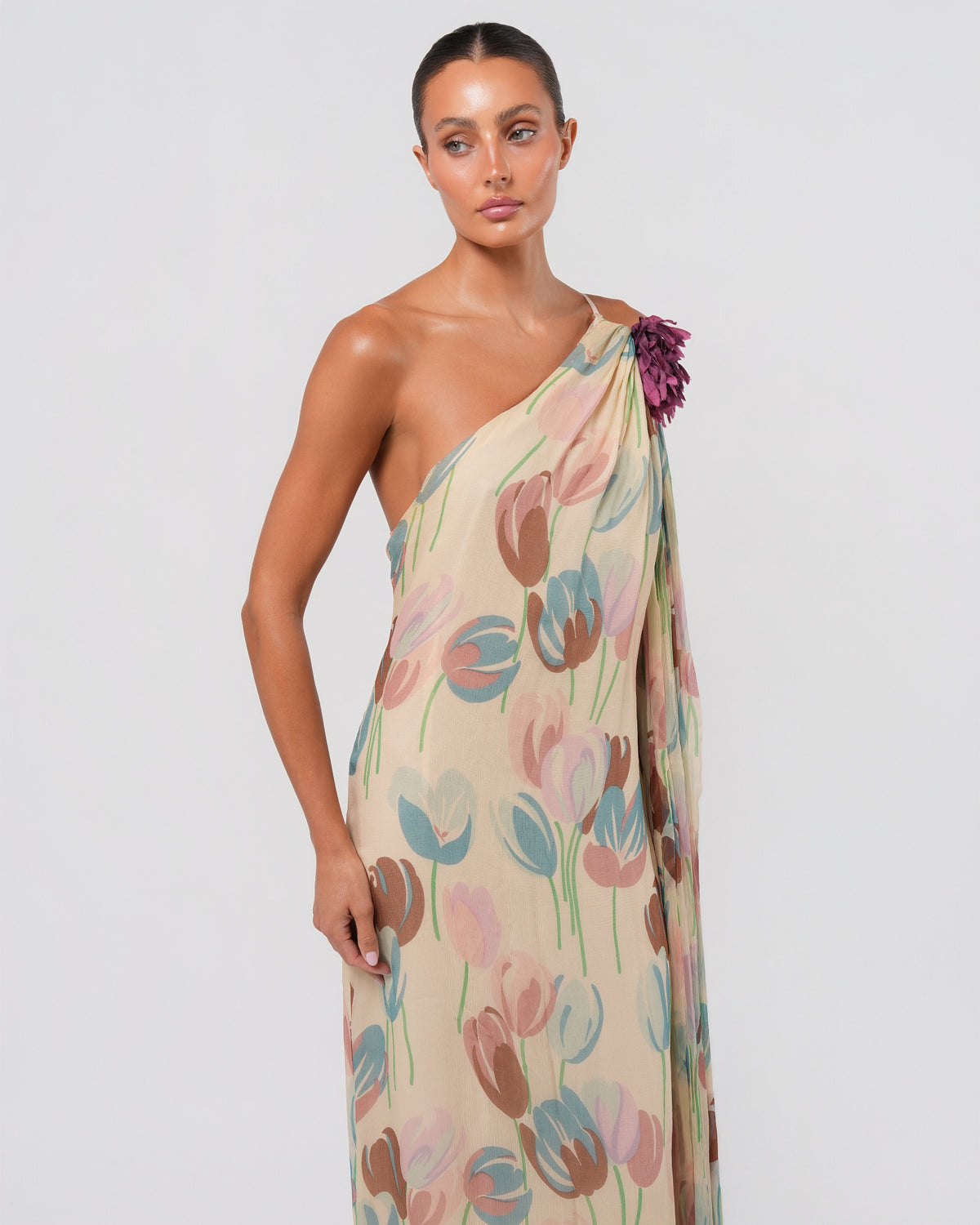 1970s Silk Chiffon Dress With Flower Detail