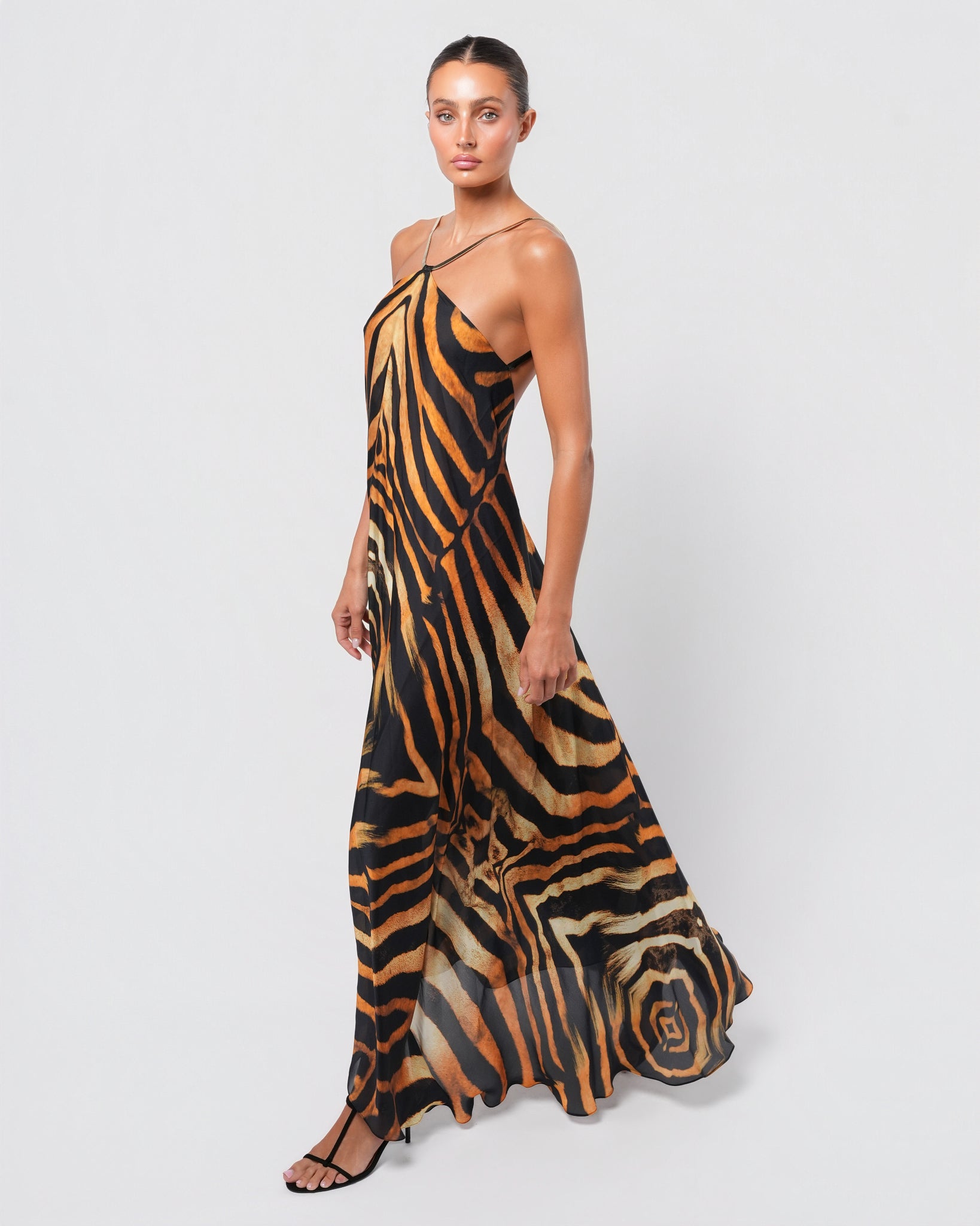 tiger print silk dress Nasty Gal Women's Premium Satin Tiger Cowl Back Strappy Maxi Dress in Stone