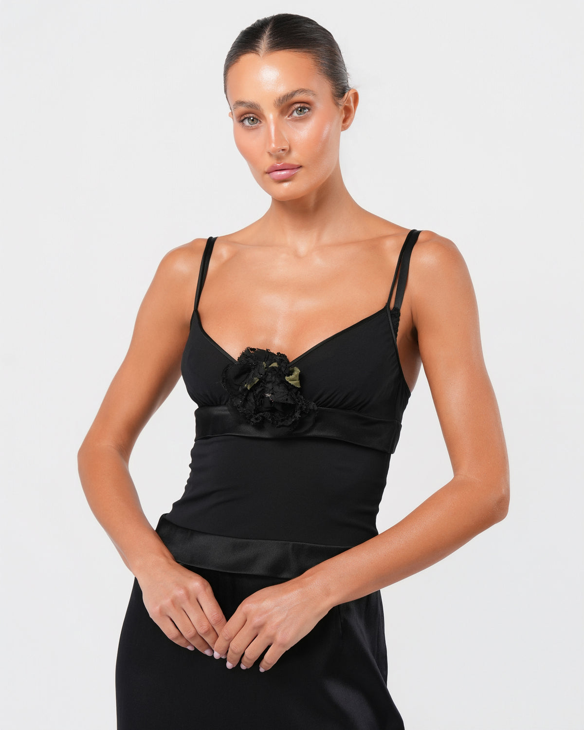 2004 Satin And Mesh Slip Dress With Flower