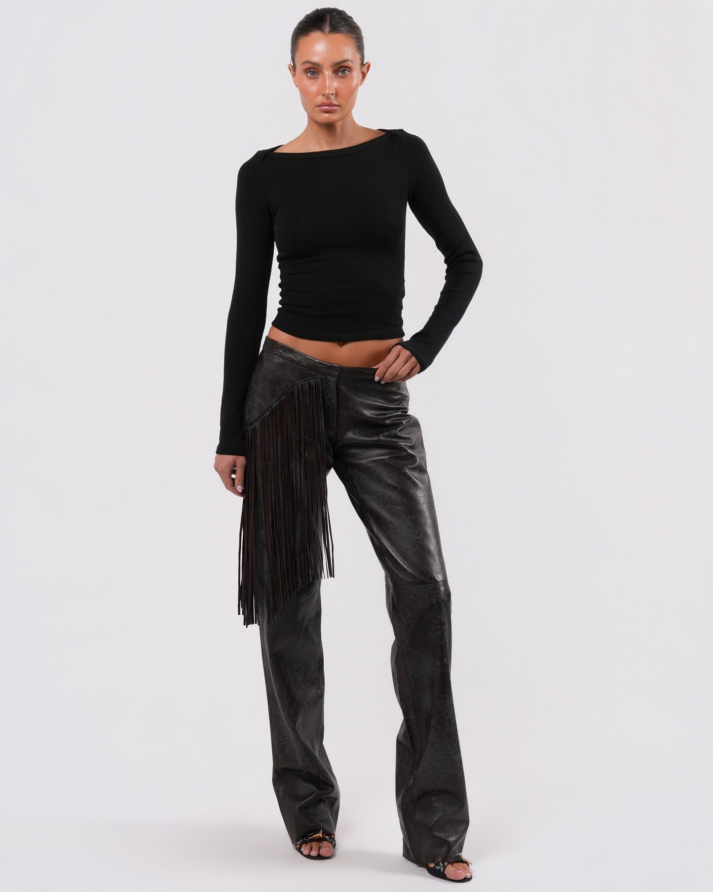 Fringed Leather Pants With Floral Detail