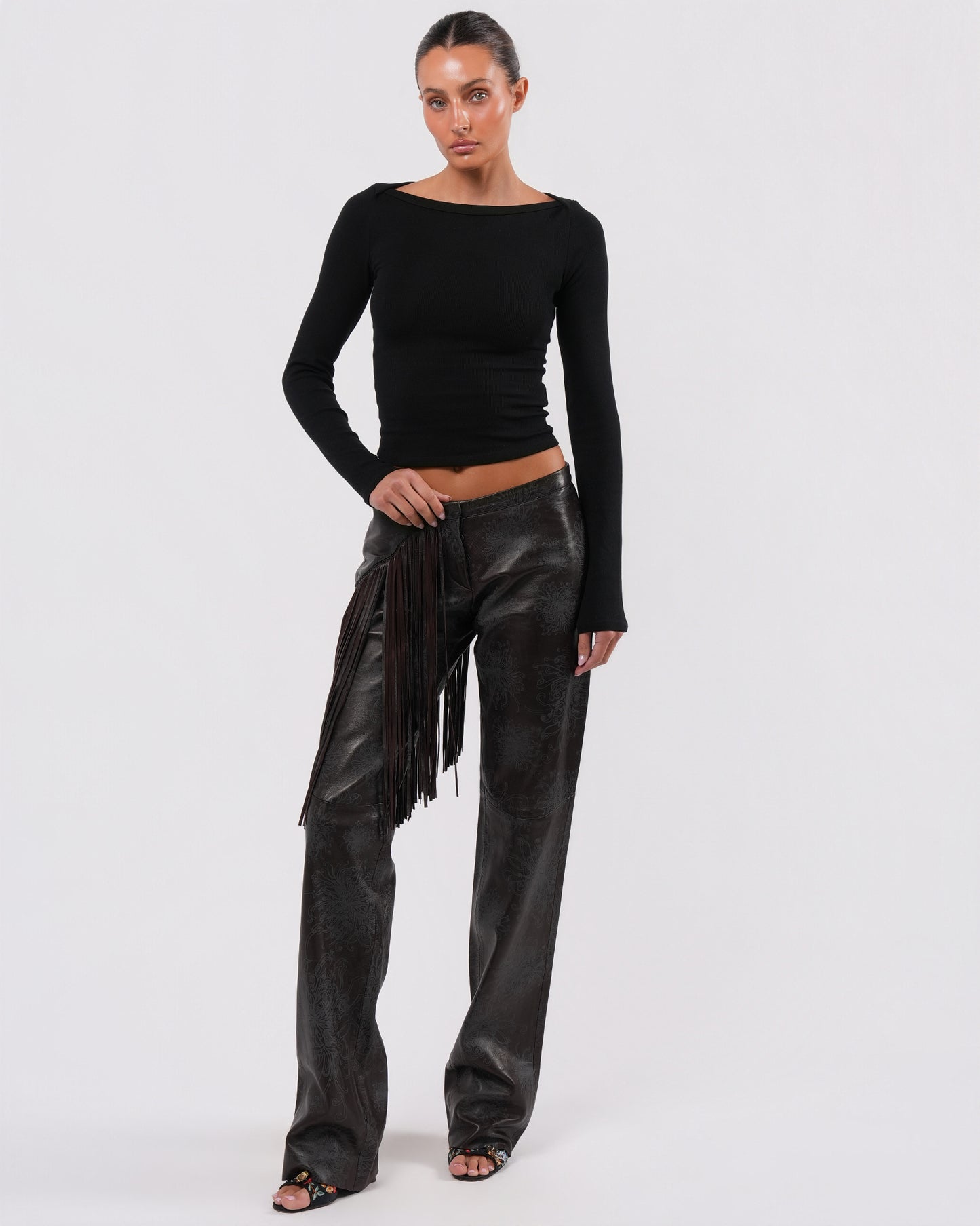 Fringed Leather Pants With Floral Detail