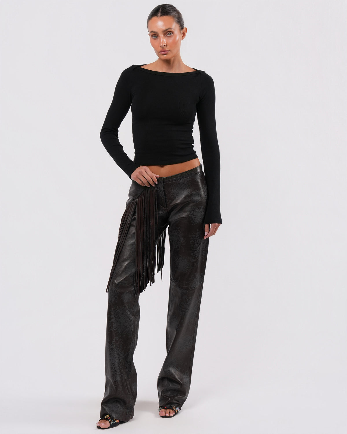 Fringed Leather Pants With Floral Detail