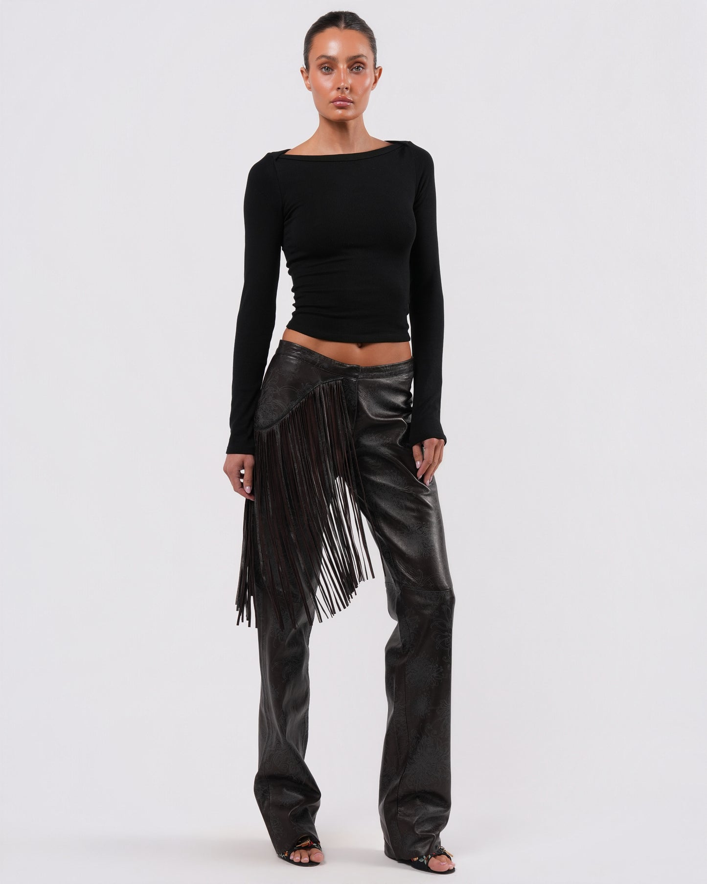 Fringed Leather Pants With Floral Detail