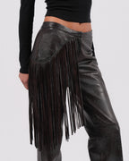 Fringed Leather Pants With Floral Detail