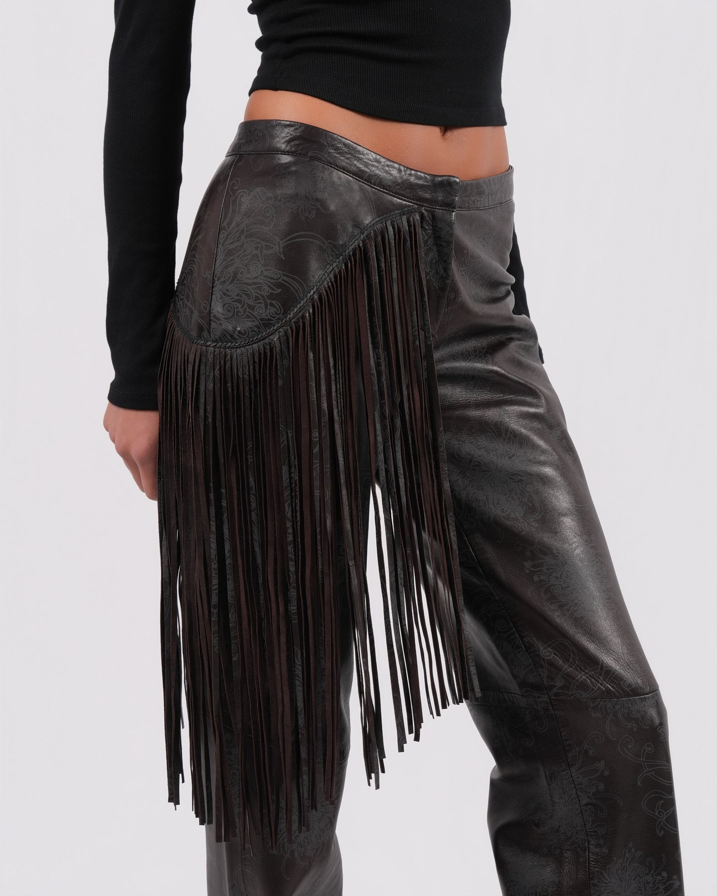 Fringed Leather Pants With Floral Detail