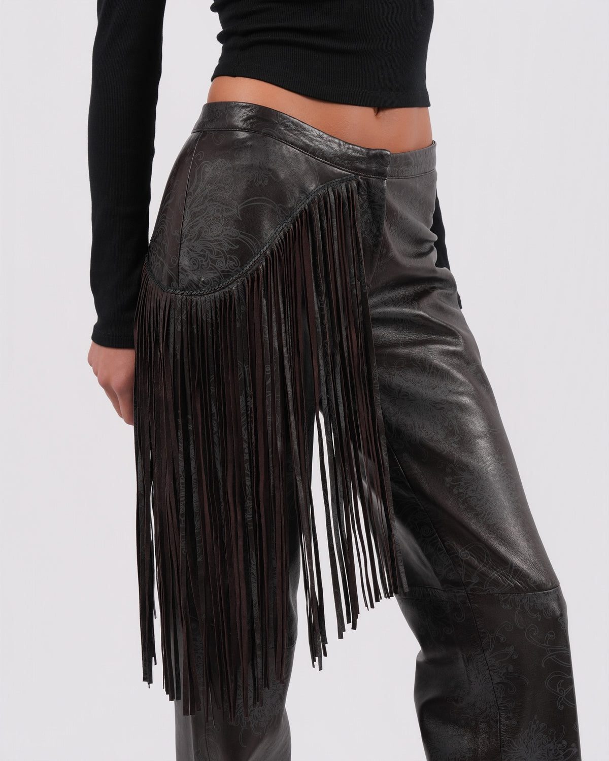 Fringed Leather Pants With Floral Detail