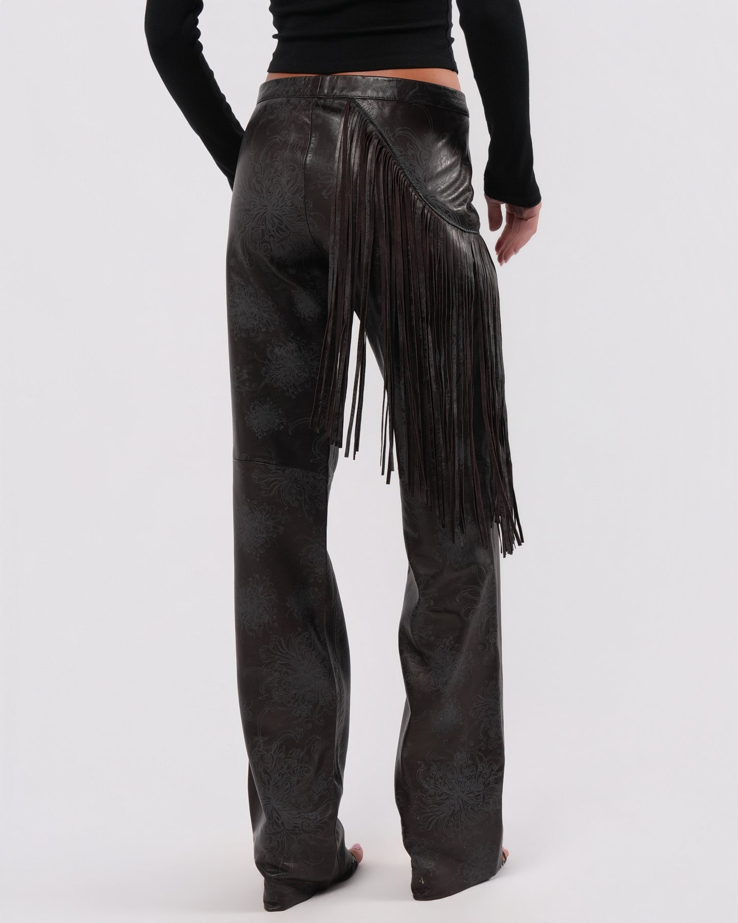 Fringed Leather Pants With Floral Detail