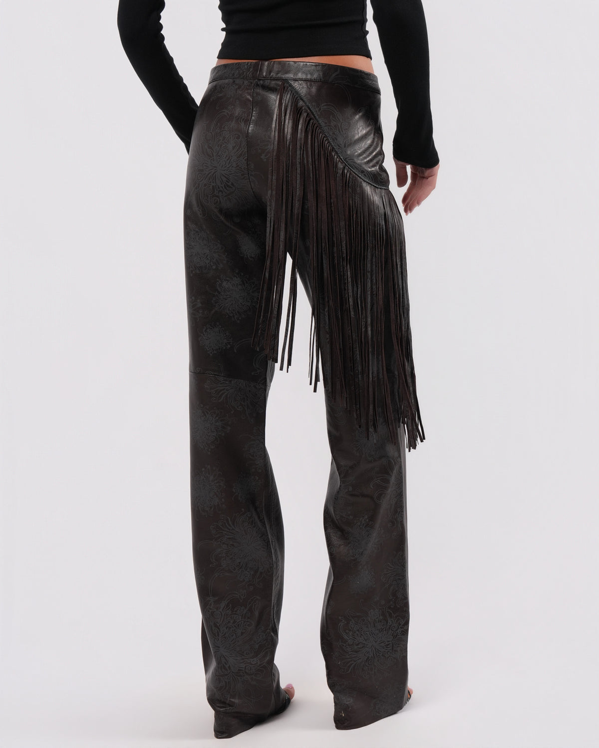 Fringed Leather Pants With Floral Detail