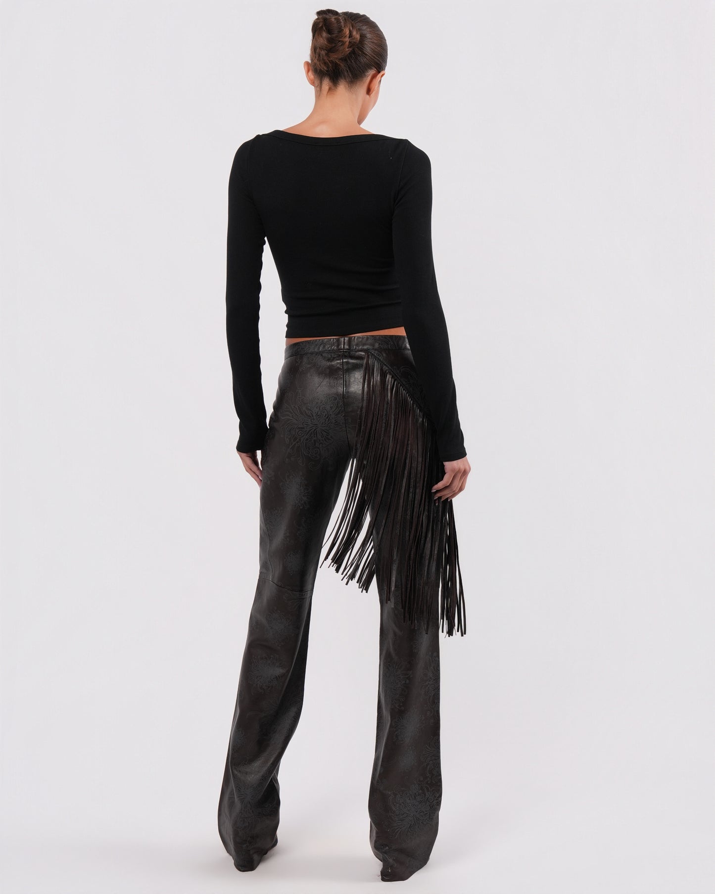 Fringed Leather Pants With Floral Detail