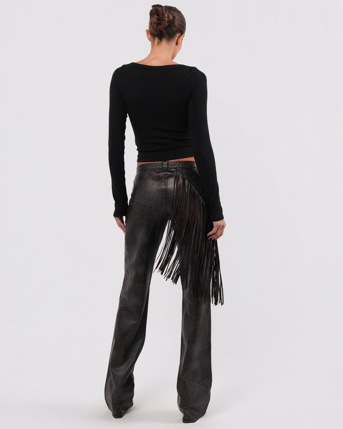 Fringed Leather Pants With Floral Detail