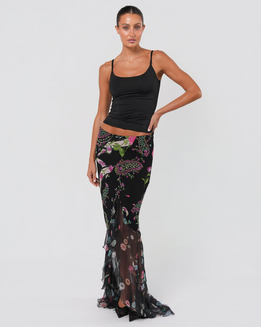 2000s Floral Silk Maxi Skirt With Train