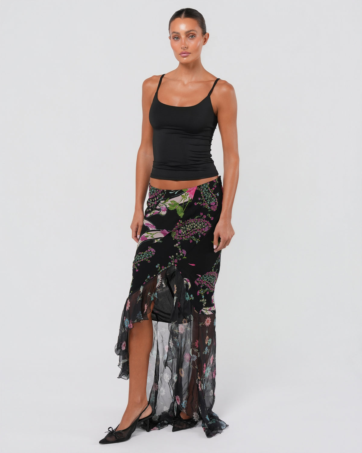 2000s Floral Silk Maxi Skirt With Train