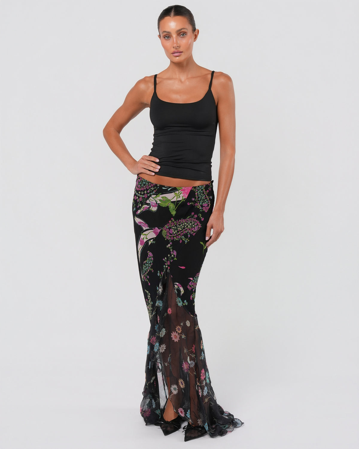 2000s Floral Silk Maxi Skirt With Train