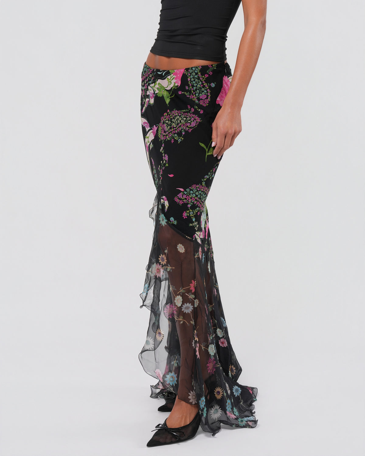 2000s Floral Silk Maxi Skirt With Train