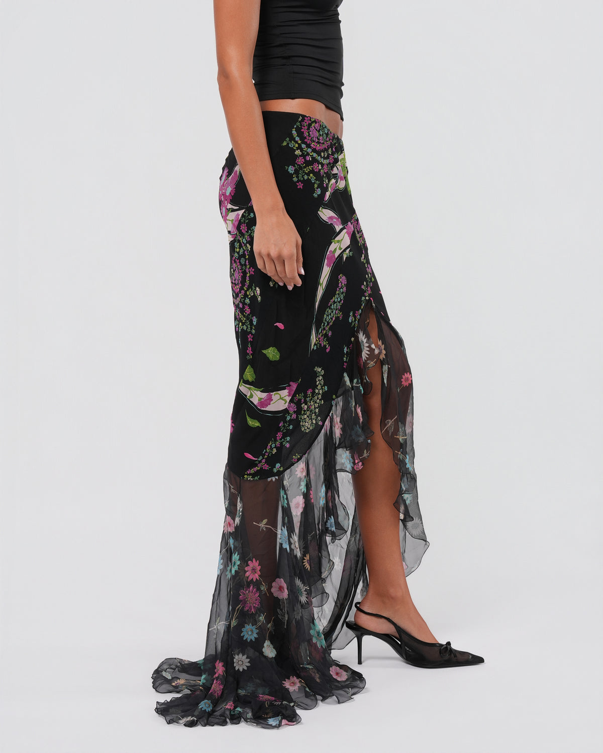 2000s Floral Silk Maxi Skirt With Train