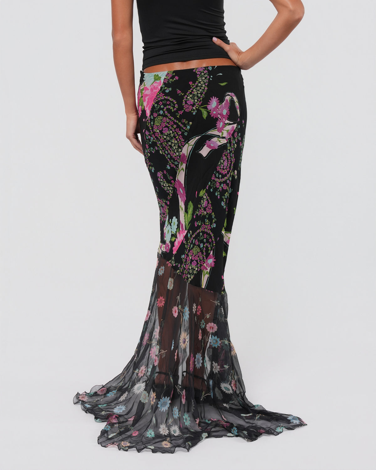 2000s Floral Silk Maxi Skirt With Train