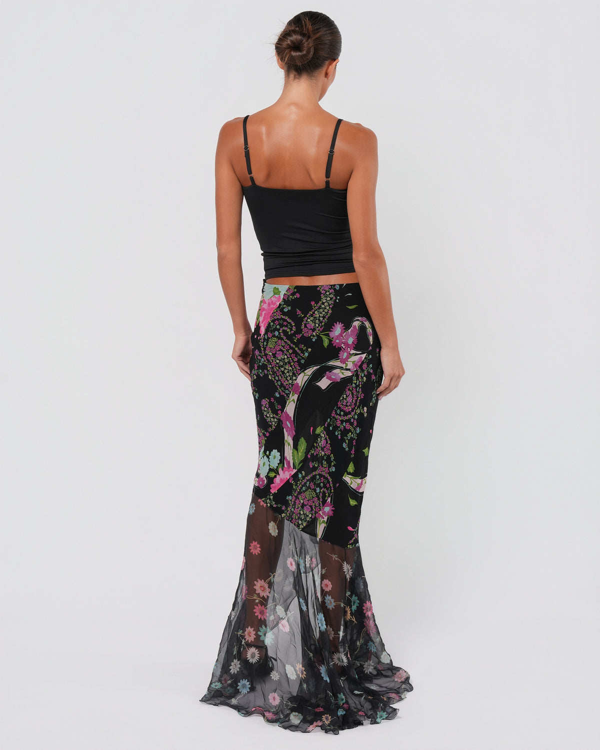 2000s Floral Silk Maxi Skirt With Train