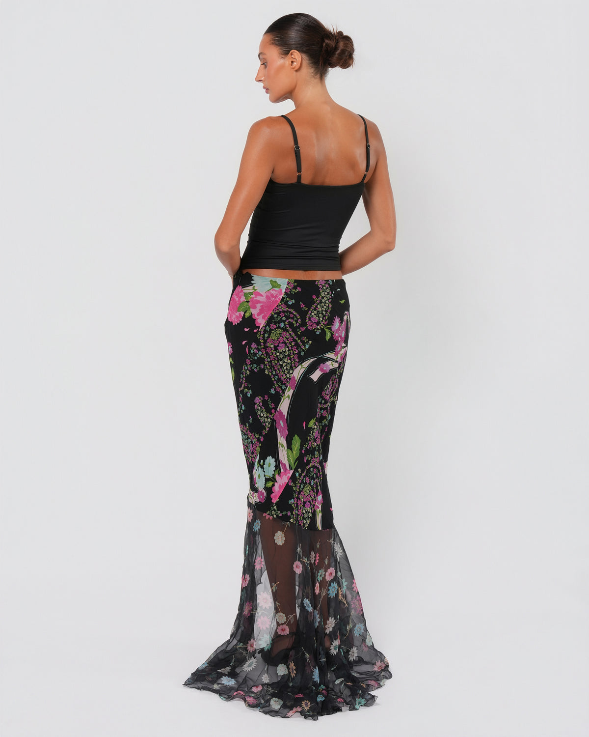 2000s Floral Silk Maxi Skirt With Train