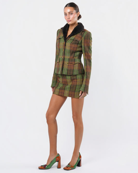 1990s Tartan Skirt Suit with Shearling Trim
