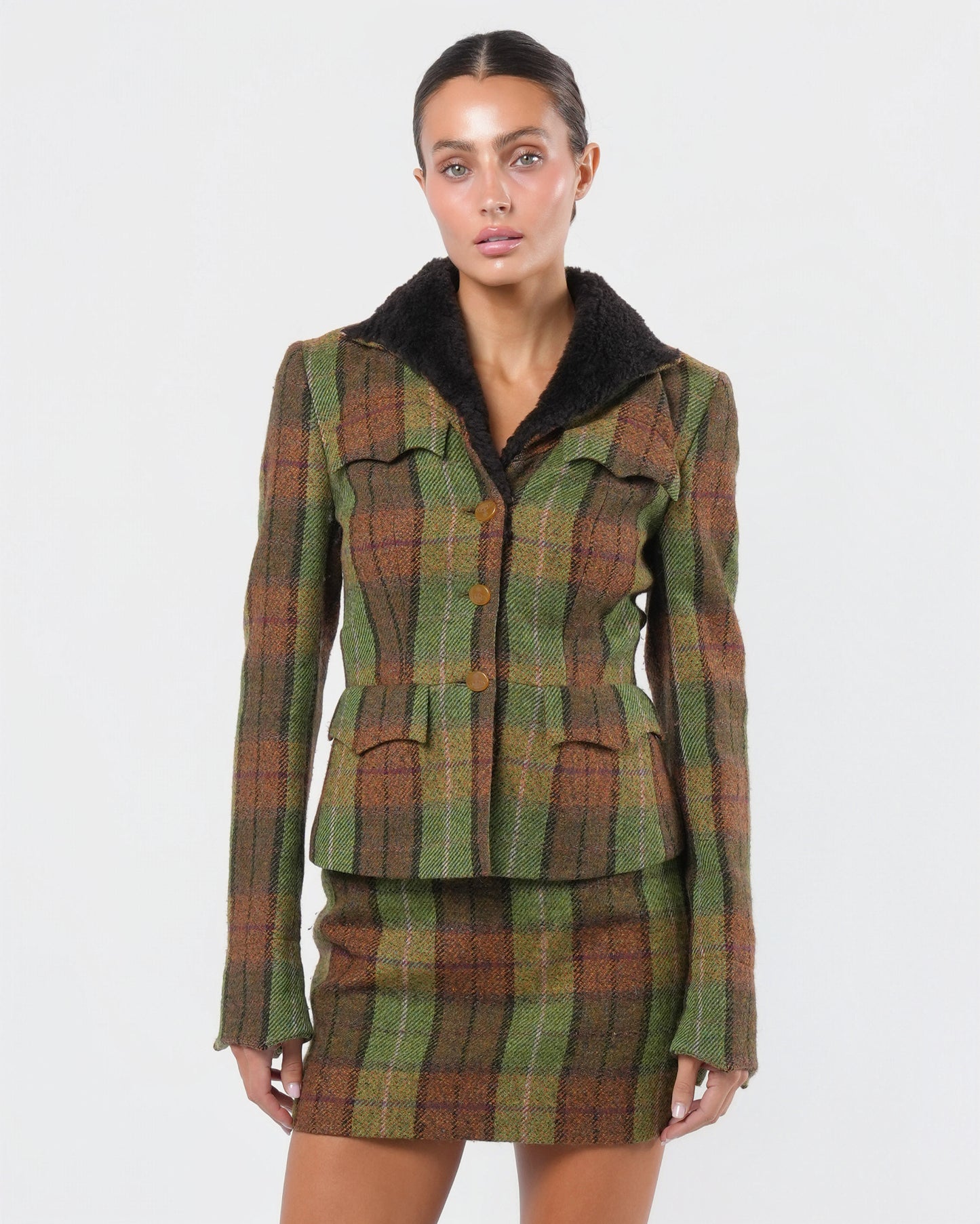 1990s Tartan Skirt Suit with Shearling Trim