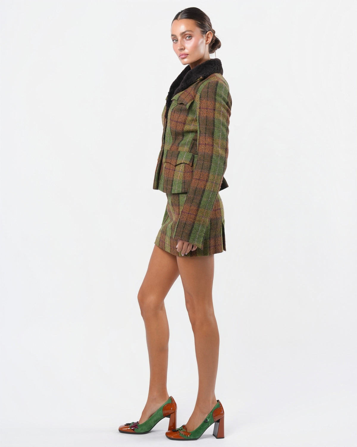 1990s Tartan Skirt Suit with Shearling Trim