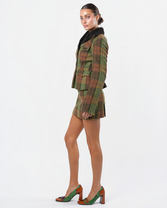 1990s Tartan Skirt Suit with Shearling Trim