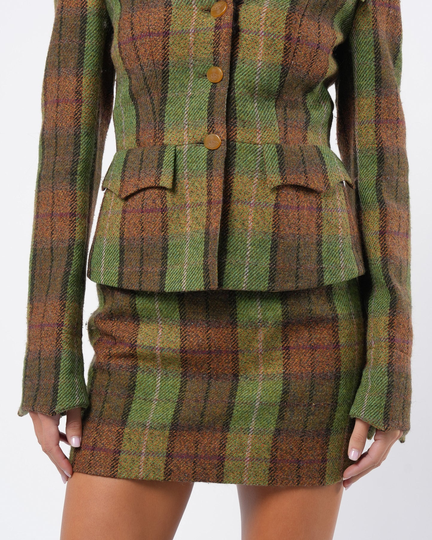 1990s Tartan Skirt Suit with Shearling Trim