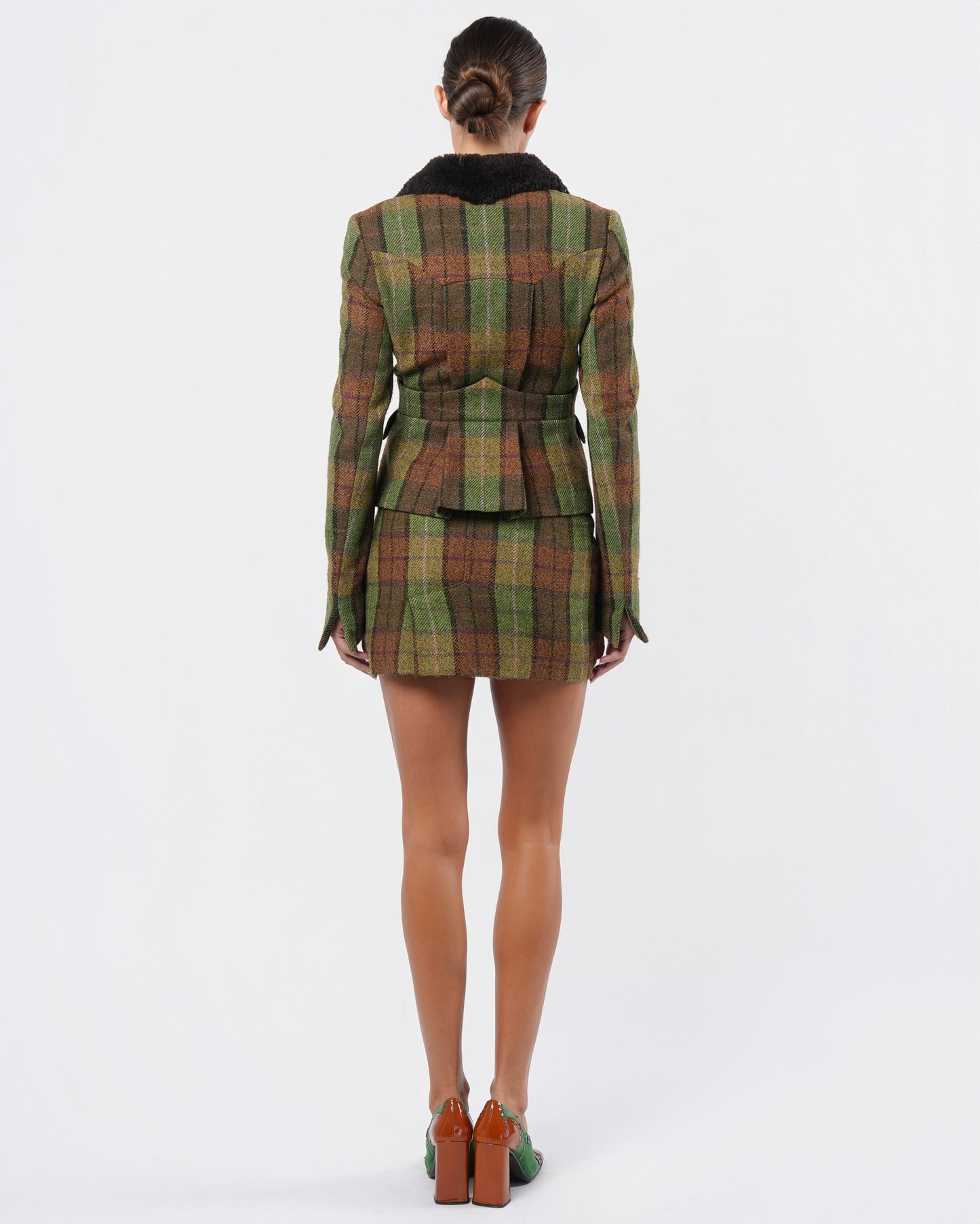 1990s Tartan Skirt Suit with Shearling Trim