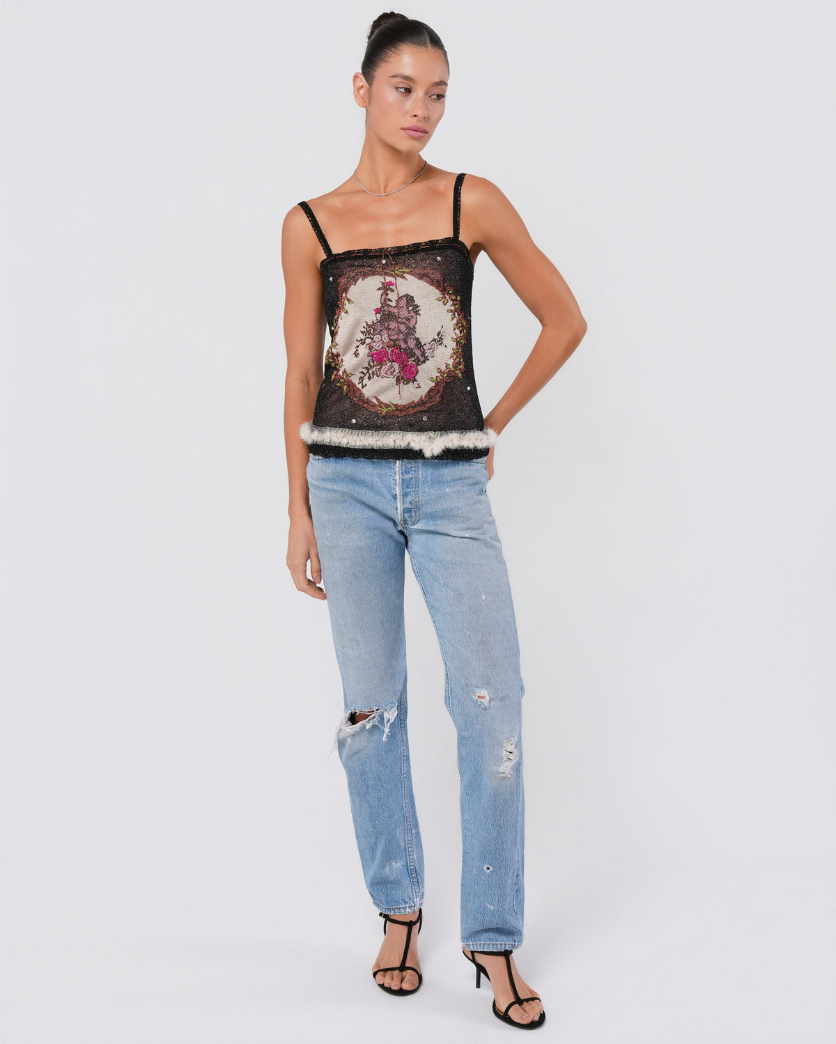 Sparkly Cherub Print Shirt With Fur Trim